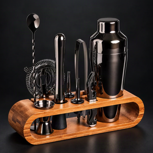A professional cocktail mixing set displayed on a curved wooden stand against a dark studio background. The set includes a stainless steel cocktail shaker, bar spoons, a jigger, a strainer, a muddler, and corkscrew tools, all arranged neatly on the stand.