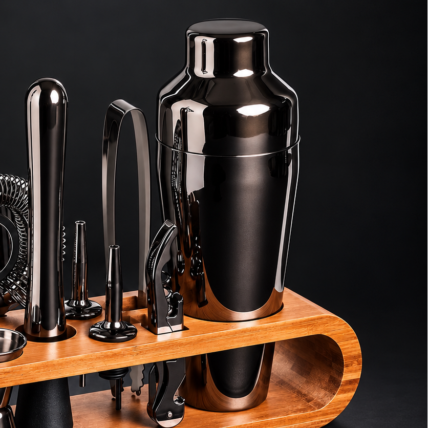 A professional cocktail mixing set displayed on a curved wooden stand against a dark studio background. The set includes a stainless steel cocktail shaker, bar spoons, a jigger, a strainer, a muddler, and corkscrew tools, all arranged neatly on the stand.