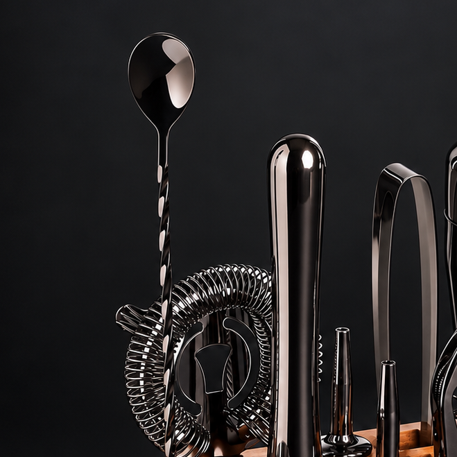 A professional cocktail mixing set displayed on a curved wooden stand against a dark studio background. The set includes a stainless steel cocktail shaker, bar spoons, a jigger, a strainer, a muddler, and corkscrew tools, all arranged neatly on the stand.
