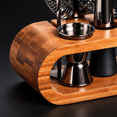 A professional cocktail mixing set displayed on a curved wooden stand against a dark studio background. The set includes a stainless steel cocktail shaker, bar spoons, a jigger, a strainer, a muddler, and corkscrew tools, all arranged neatly on the stand.